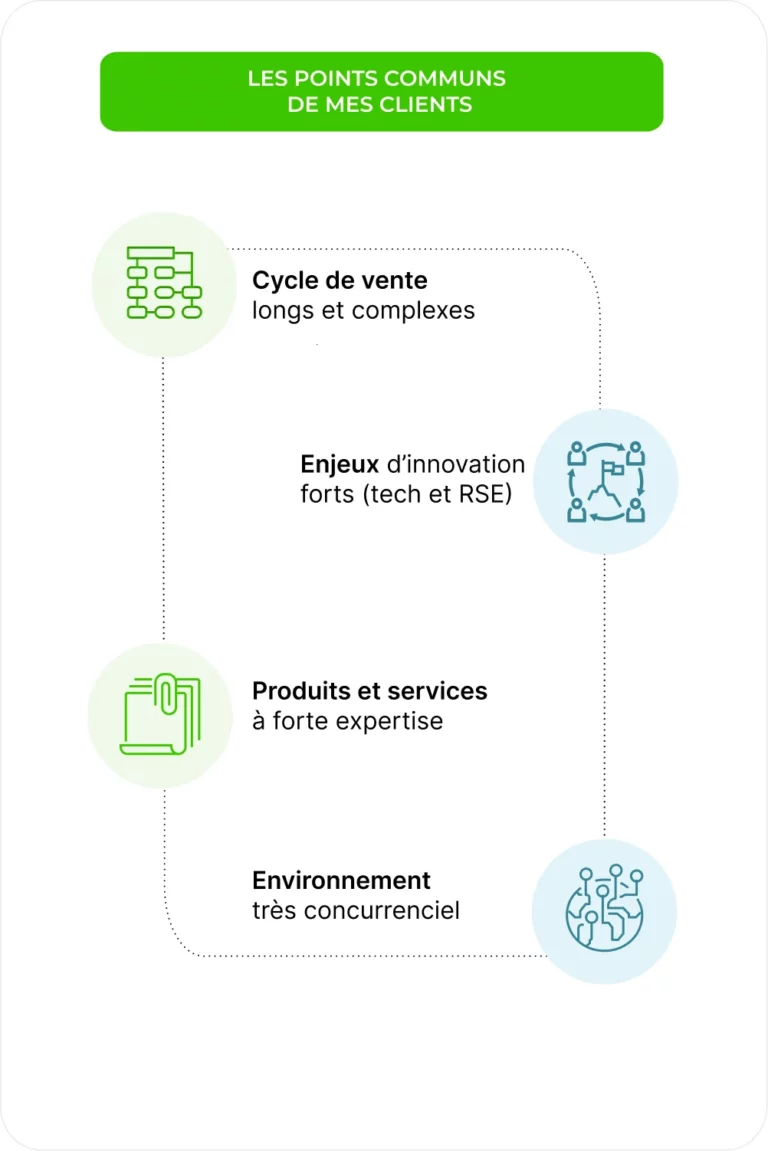 conseil en croissance B2B, une réponses aux enjeux de mes clients : cycles de ventes longs et complexes, enjeux d'innovation, produits techniques et marché à forte concurrence